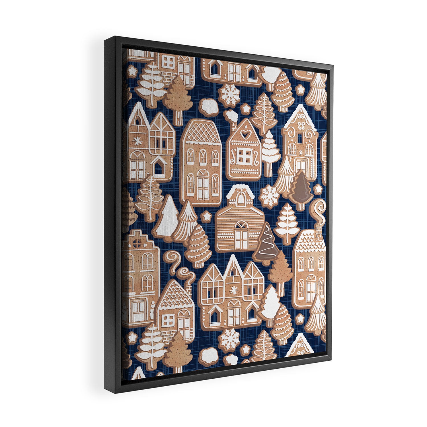 Whimsical Gingerbread Christmas Village // blue and brown Framed Canvas Print Gallery Image 2