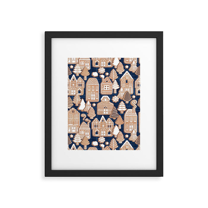 Whimsical Gingerbread Christmas Village // blue and brown Framed Art Print Gallery Image 1