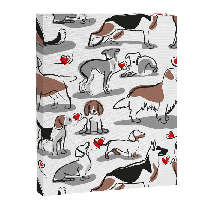 Woof endless love // white background red hearts continuous lined pair of dog breeds Canvas Print Gallery Image 1