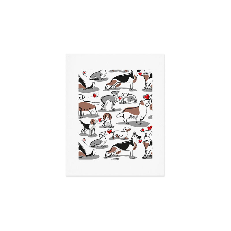 Woof endless love // white background red hearts continuous lined pair of dog breeds Art Print Gallery Image 1
