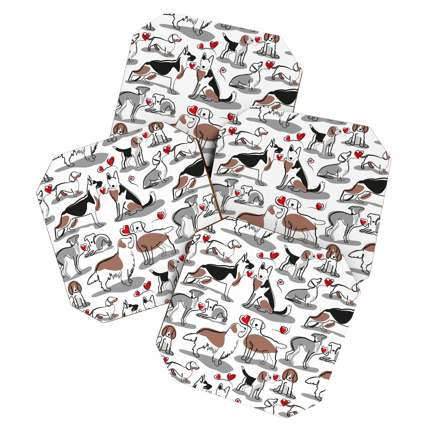 Woof endless love // white background red hearts continuous lined pair of dog breeds Coaster Gallery Image 1