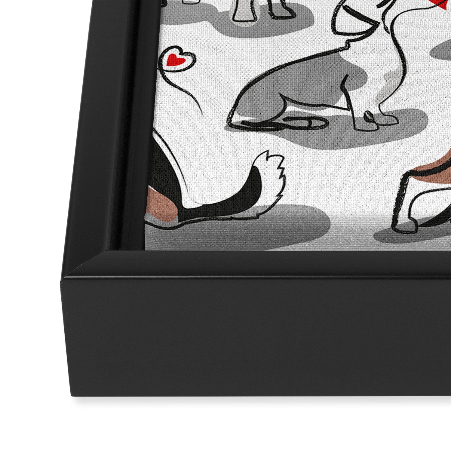 Woof endless love // white background red hearts continuous lined pair of dog breeds Framed Canvas Print Gallery Image 3
