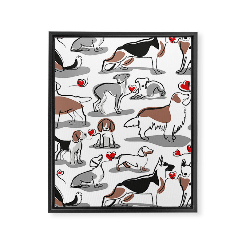 Woof endless love // white background red hearts continuous lined pair of dog breeds Framed Canvas Print Gallery Image 8