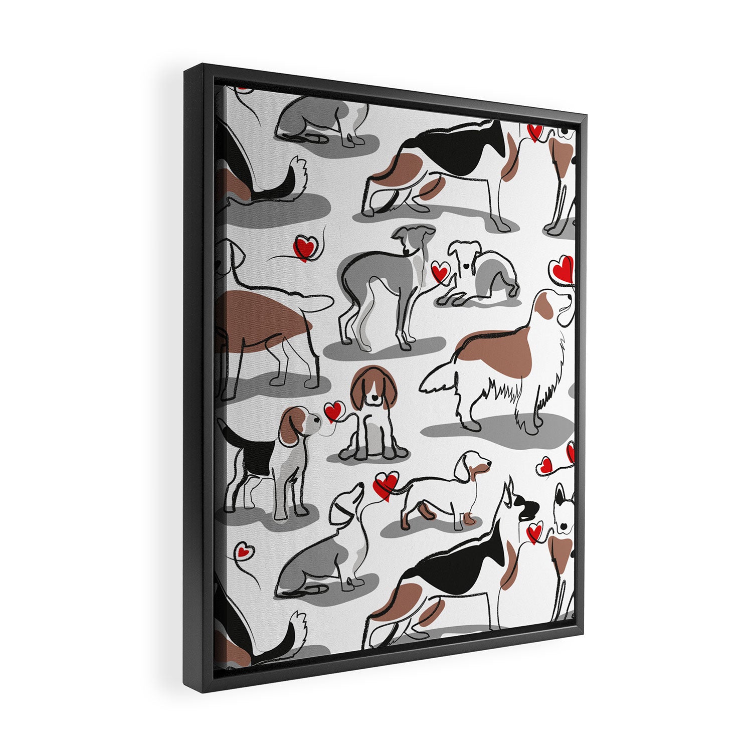 Woof endless love // white background red hearts continuous lined pair of dog breeds Framed Canvas Print Gallery Image 2
