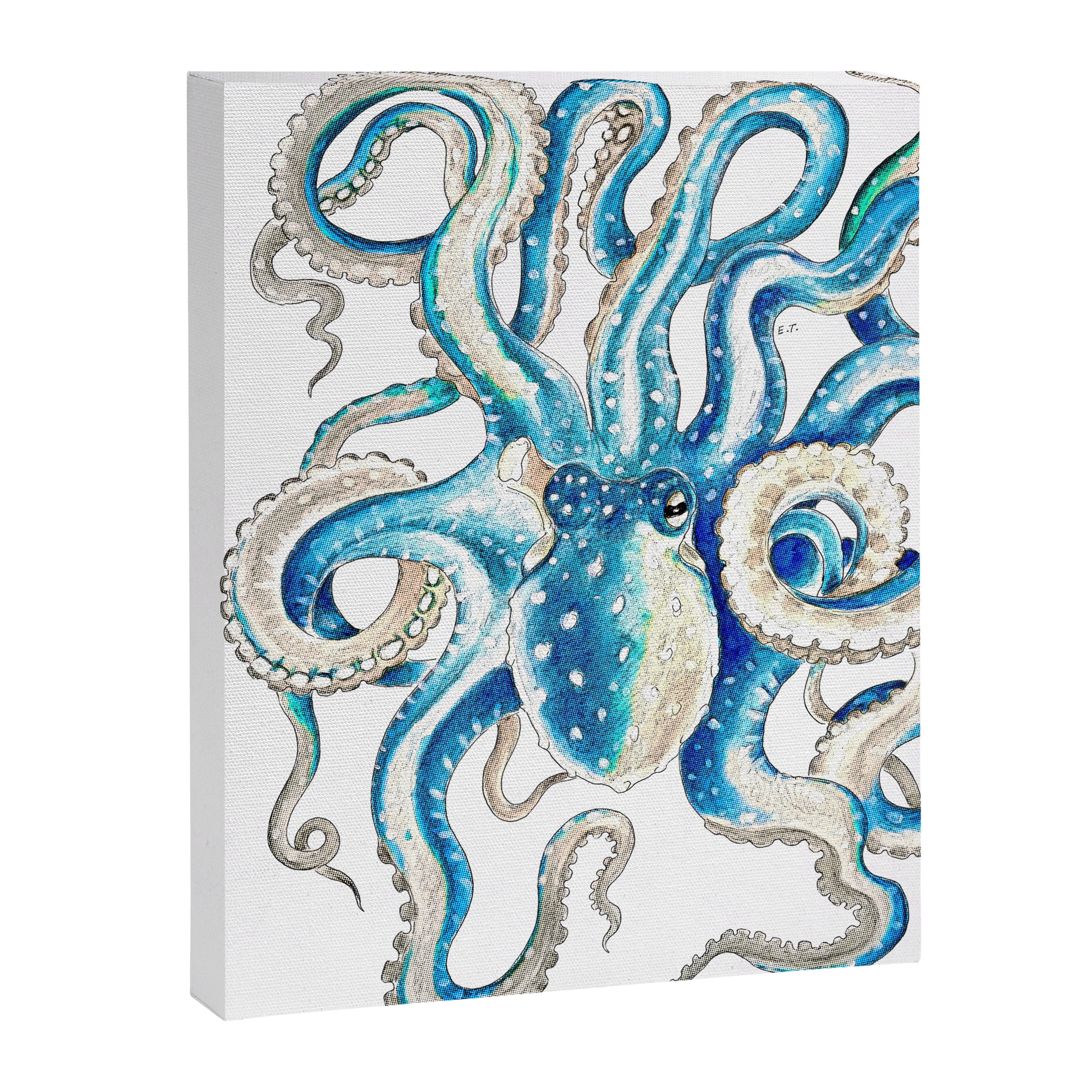 Blue Octopus Crosshatch Watercolor Comic Canvas Print Gallery Image 6