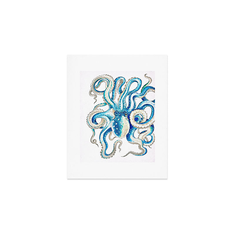 Blue Octopus Crosshatch Watercolor Comic Art Print Gallery Image 1
