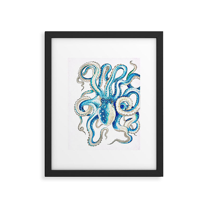 Blue Octopus Crosshatch Watercolor Comic Framed Art Print Gallery Image 5