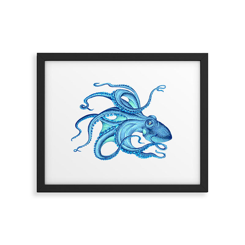 Blue Octopus on White Dance Ink Marine Nautical Framed Art Print Gallery Image 5