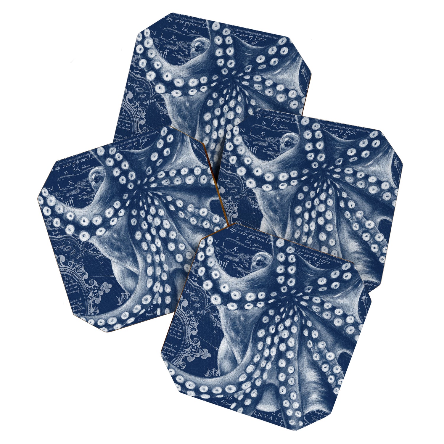 Octopus Vintage Map Blue Nautical Art Coaster Gallery Image 1