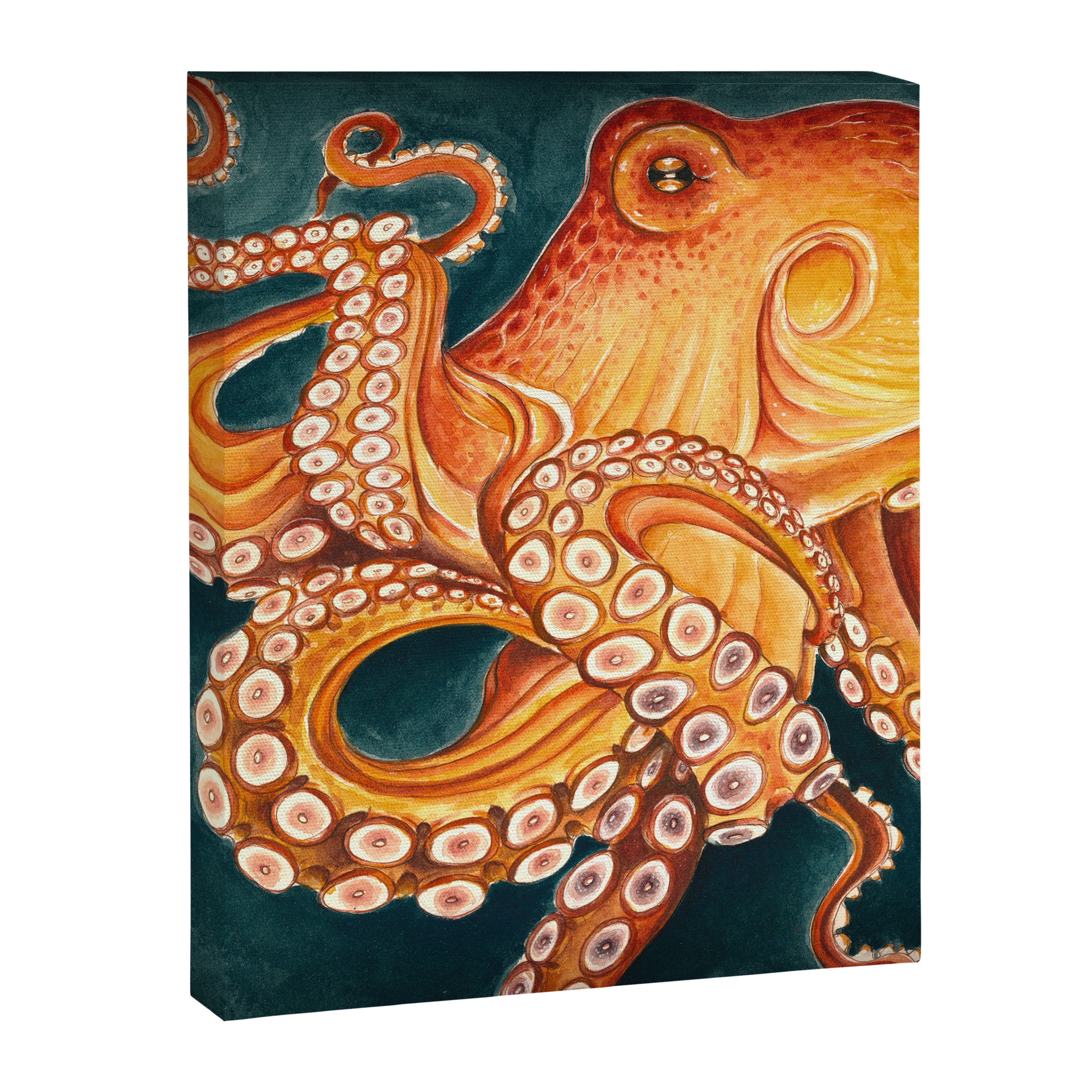 Orange Yellow Octopus in Dark Teal Ocean Watercolor Canvas Print Gallery Image 8