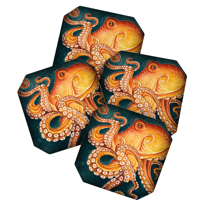 Orange Yellow Octopus in Dark Teal Ocean Watercolor Coaster Gallery Image 1