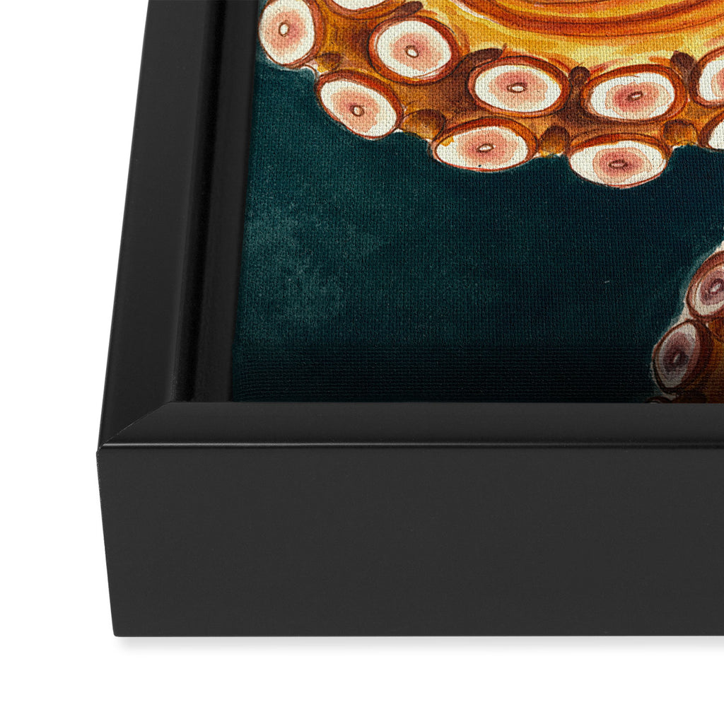 Orange Yellow Octopus in Dark Teal Ocean Watercolor Framed Canvas Print Gallery Image 3