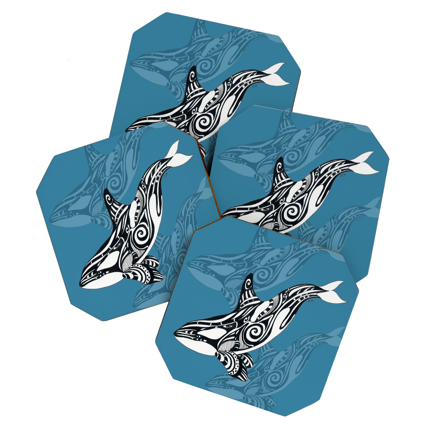 Orca Whale Tribal Ink Blue Black Indigo Art Coaster Gallery Image 1