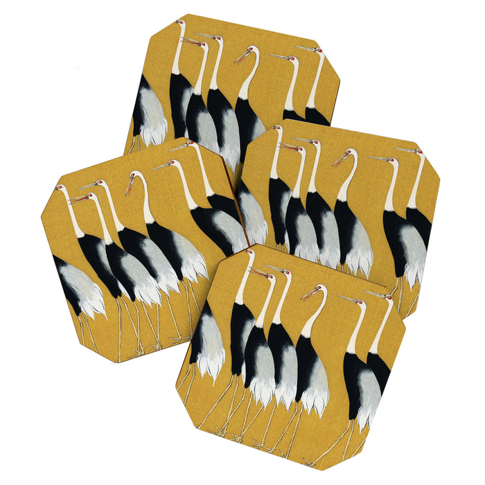 Japanese Red Crown Crane Wall Art - Mustard Yellow Coaster Gallery Image 1