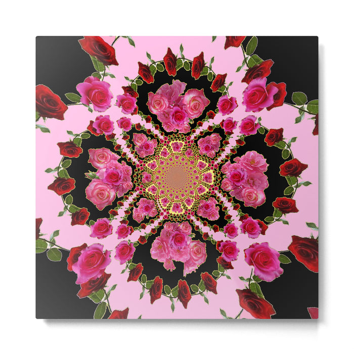 BLACK-PINK GARDEN ROSES MANDALA Metal Print Gallery Image 1