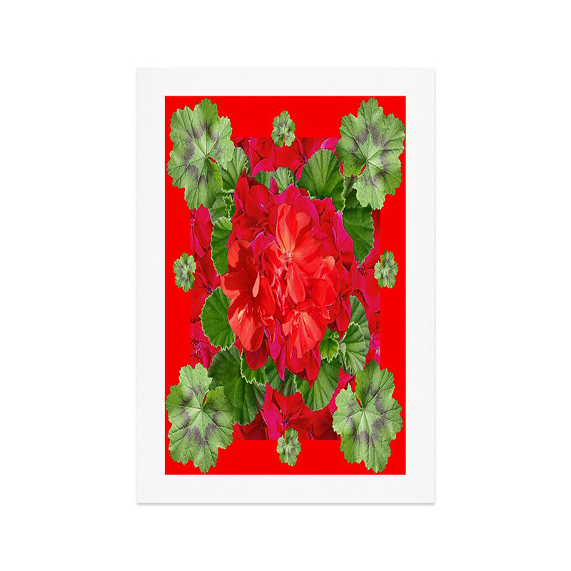 Decorative Red Flower Geraniums Green Leaves Abstract Art Print Gallery Image 1