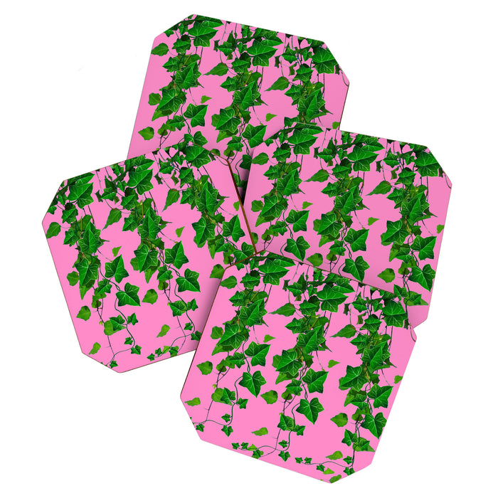 GREEN IVY HANGING LEAVES & VINES ON PINK Coaster Gallery Image 1