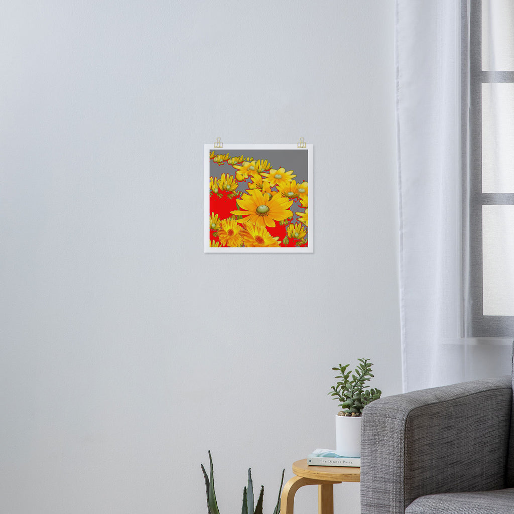 MODERN YELLOW FLOWERS GREY-RED ART Art Print Gallery Image 3
