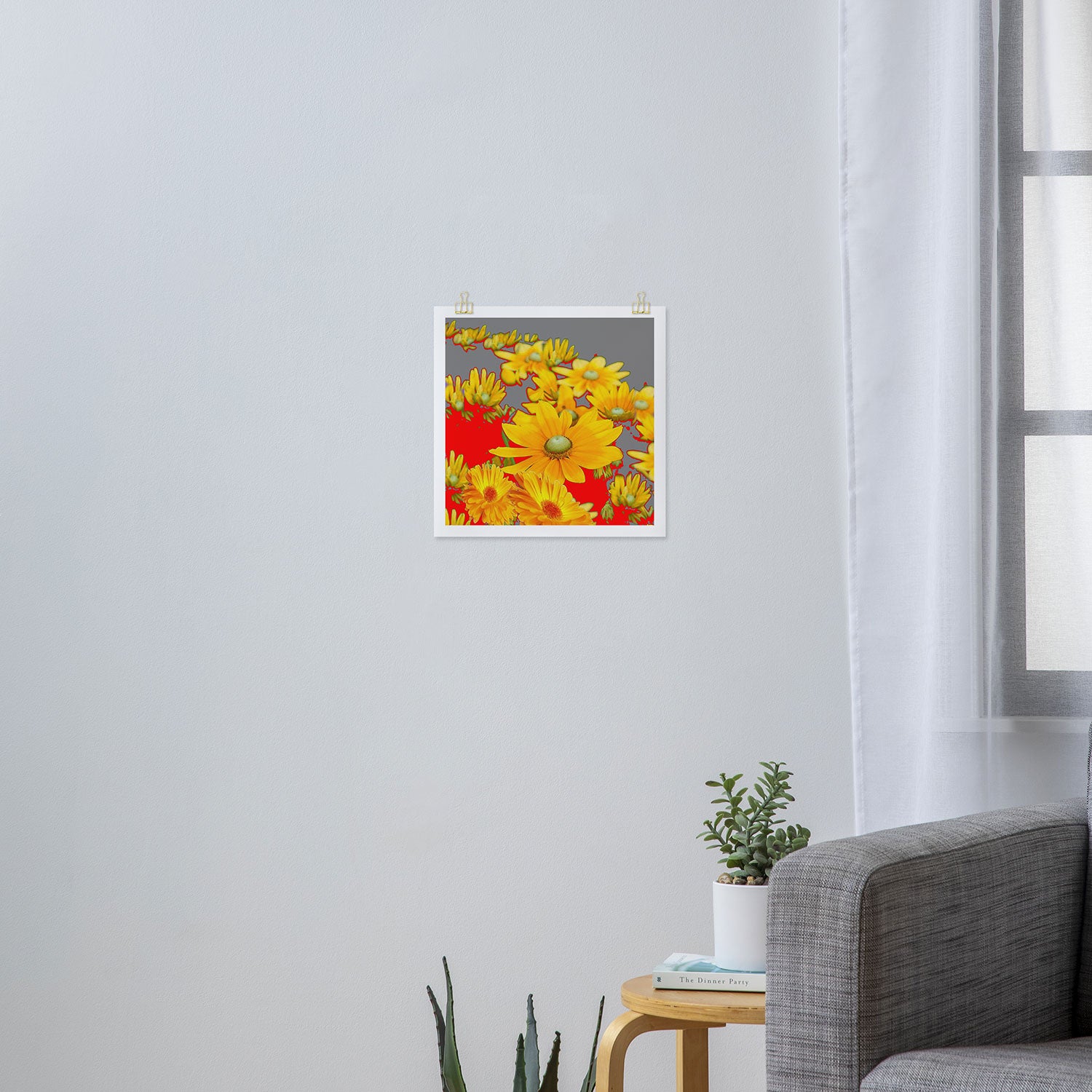MODERN YELLOW FLOWERS GREY-RED ART Art Print Gallery Image 3