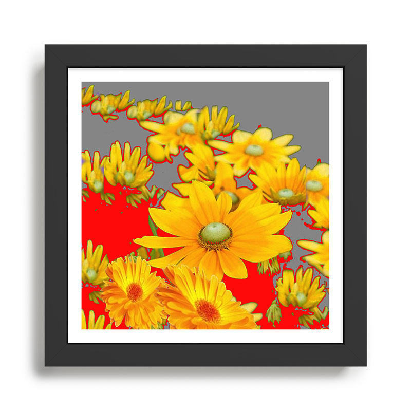 MODERN YELLOW FLOWERS GREY-RED ART Framed Art Print Gallery Image 1