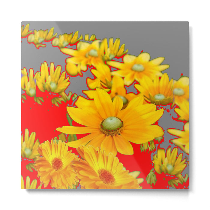 MODERN YELLOW FLOWERS GREY-RED ART Metal Print Gallery Image 1