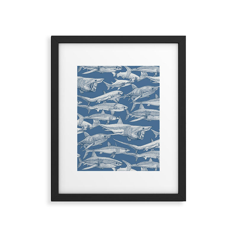 just sharks cobalt denim Framed Art Print Gallery Image 6