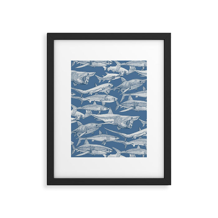 just sharks cobalt denim Framed Art Print Gallery Image 1