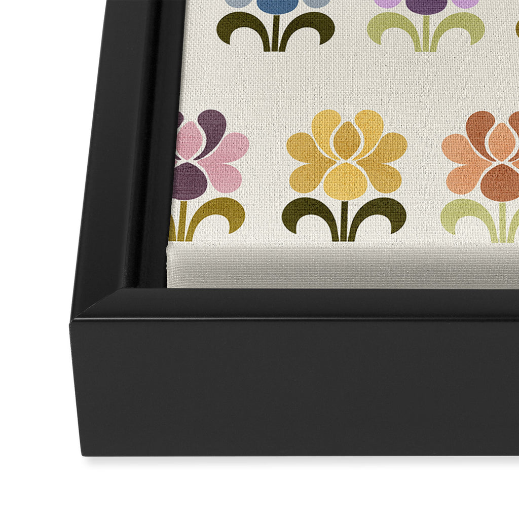 70s Retro Florals Pattern with Linen Texture Framed Canvas Print Gallery Image 3