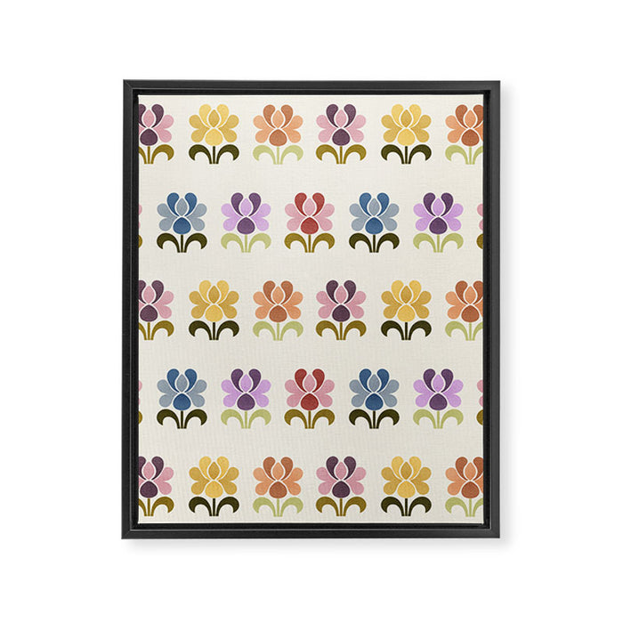 70s Retro Florals Pattern with Linen Texture Framed Canvas Print Gallery Image 1