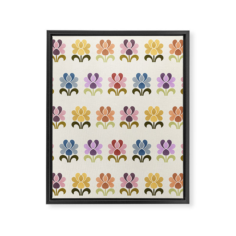 70s Retro Florals Pattern with Linen Texture Framed Canvas Print Gallery Image 8