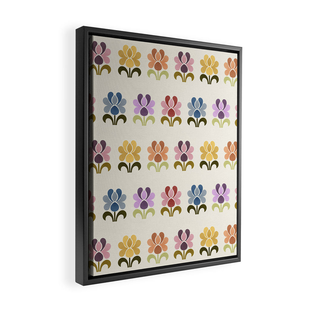 70s Retro Florals Pattern with Linen Texture Framed Canvas Print Gallery Image 2