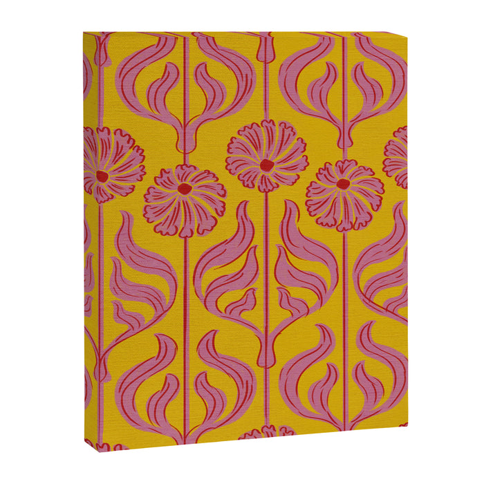 Art Deco Chic: Pink Flowers on Mustard Yellow Canvas Print Gallery Image 1