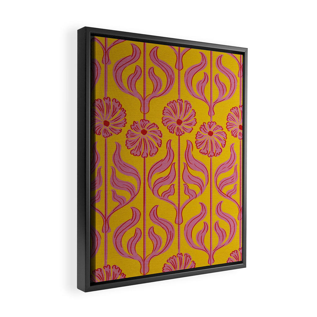 Art Deco Chic: Pink Flowers on Mustard Yellow Framed Canvas Print Gallery Image 2