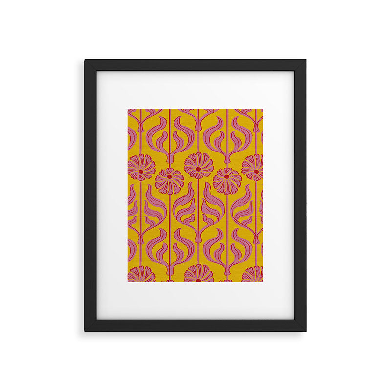 Art Deco Chic: Pink Flowers on Mustard Yellow Framed Art Print Gallery Image 6