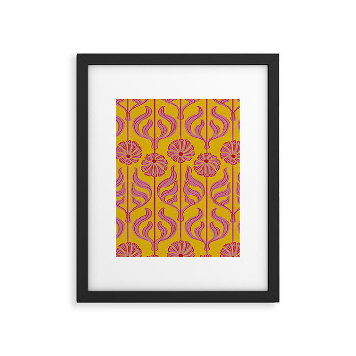 Art Deco Chic: Pink Flowers on Mustard Yellow Framed Art Print Gallery Image 1