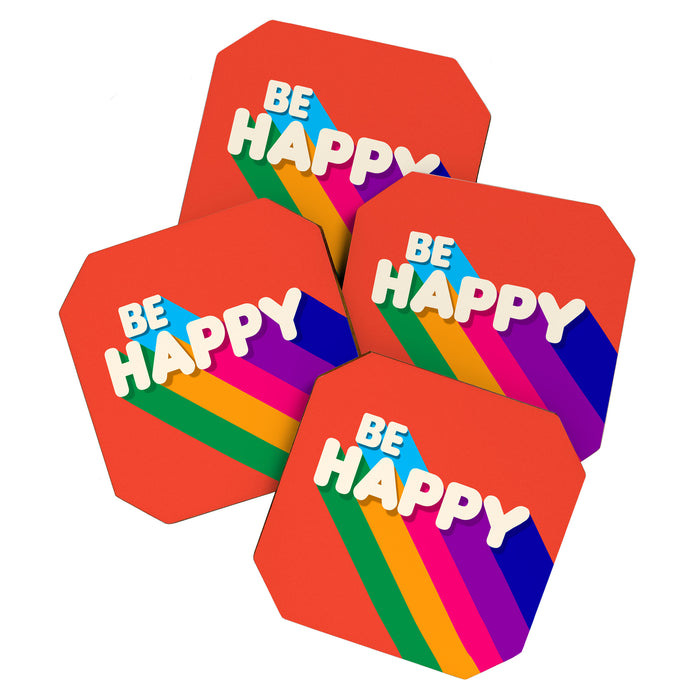 BE HAPPY - rainbow retro typography Coaster Gallery Image 1