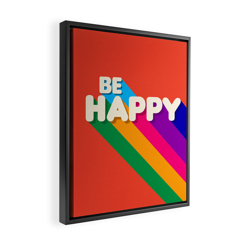 BE HAPPY - rainbow retro typography Framed Canvas Print Gallery Image 2