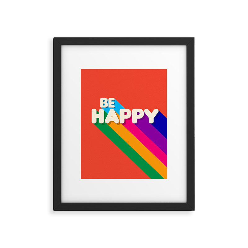 BE HAPPY - rainbow retro typography Framed Art Print Gallery Image 6