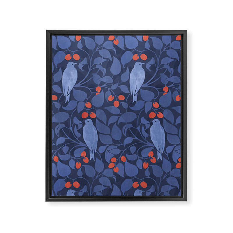 Blue Birds And Red Cherries Blue Framed Canvas Print Gallery Image 6
