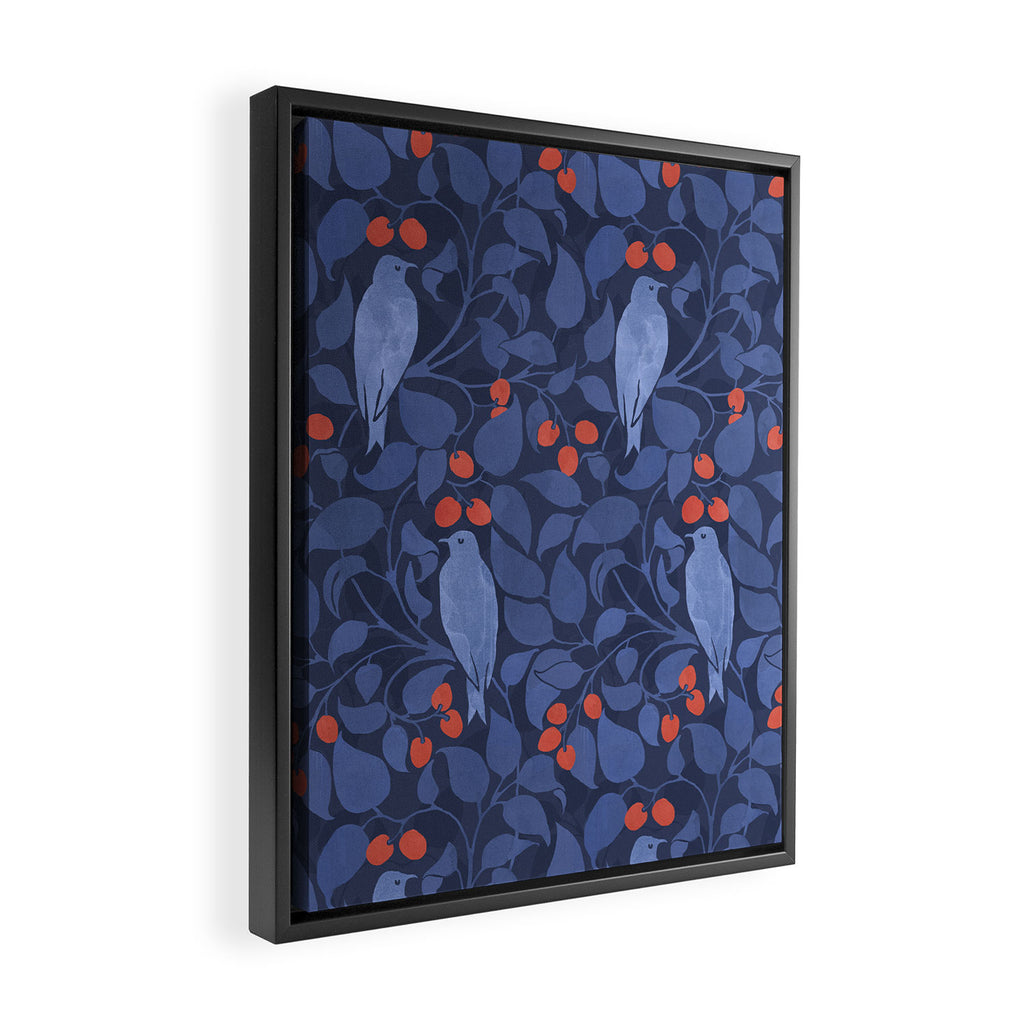 Blue Birds And Red Cherries Blue Framed Canvas Print Gallery Image 2