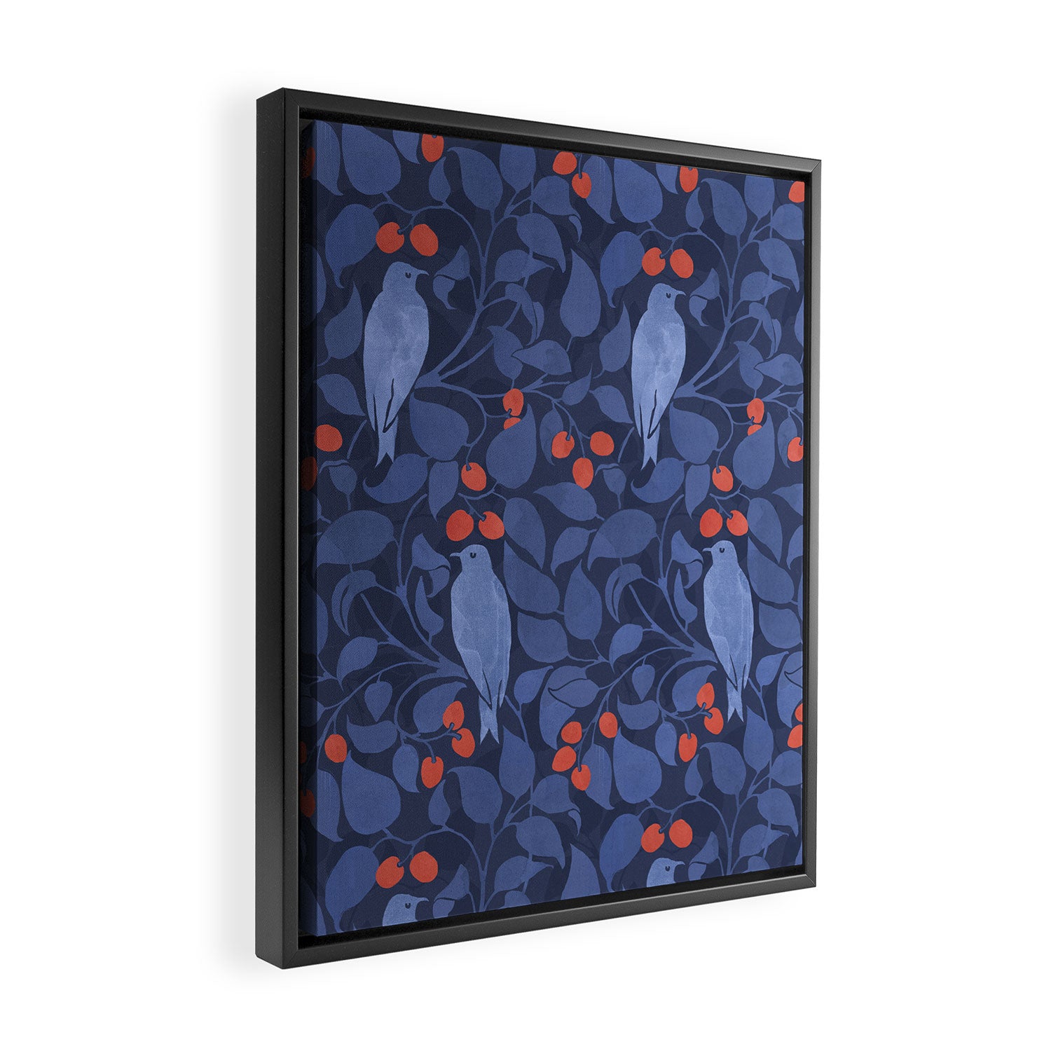 Blue Birds And Red Cherries Blue Framed Canvas Print Gallery Image 2