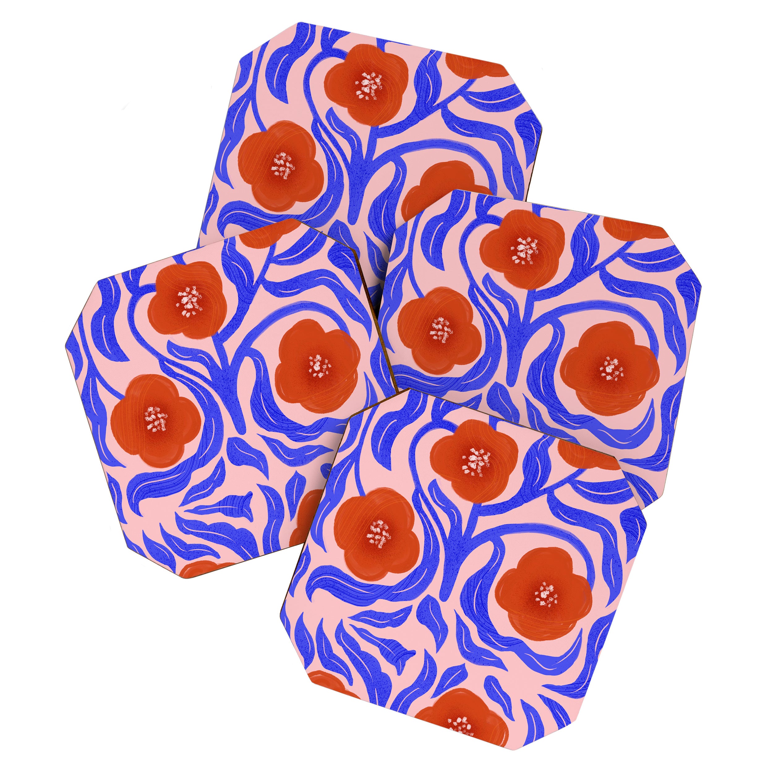 Bold Red Flowers And Blue Leaves Coaster Gallery Image 1