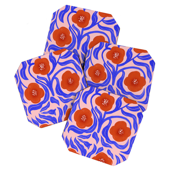 Bold Red Flowers And Blue Leaves Coaster Gallery Image 1