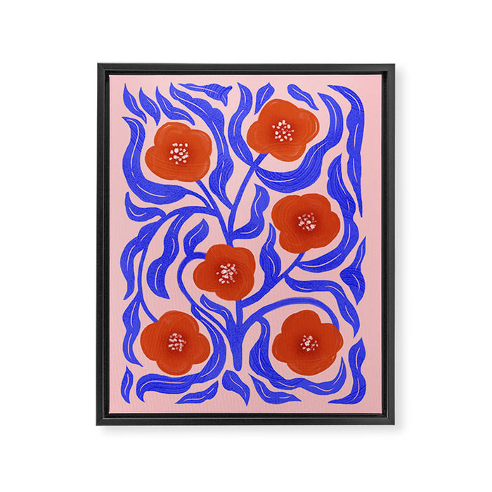 Bold Red Flowers And Blue Leaves Framed Canvas Print Gallery Image 1