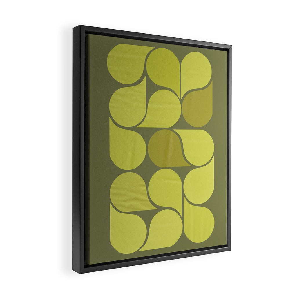 Bright Yellow Teardrop Pattern on Olive Green Framed Canvas Print Gallery Image 2