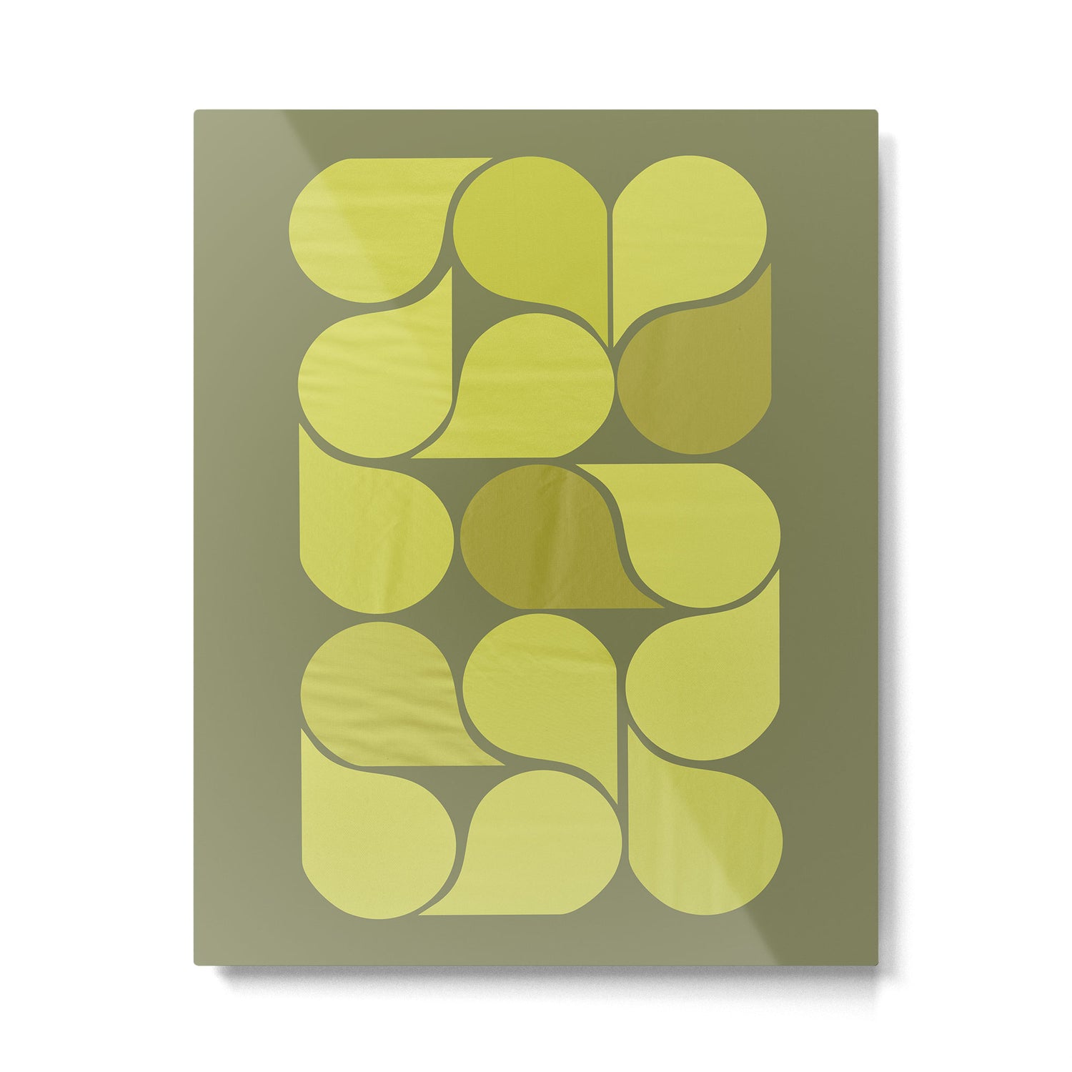 Bright Yellow Teardrop Pattern on Olive Green Metal Print Gallery Image 4