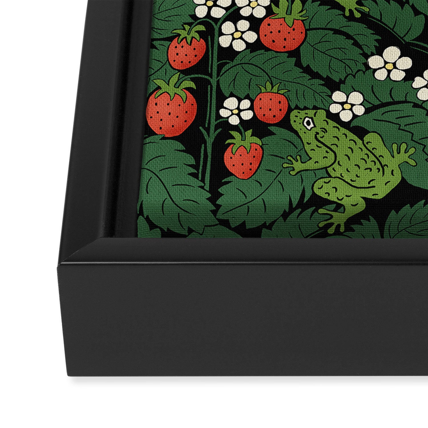Bullfrogs And Wild Strawberries On Black Framed Canvas Print Gallery Image 3