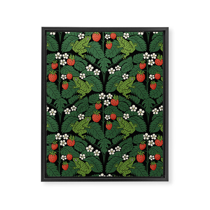 Bullfrogs And Wild Strawberries On Black Framed Canvas Print Gallery Image 1