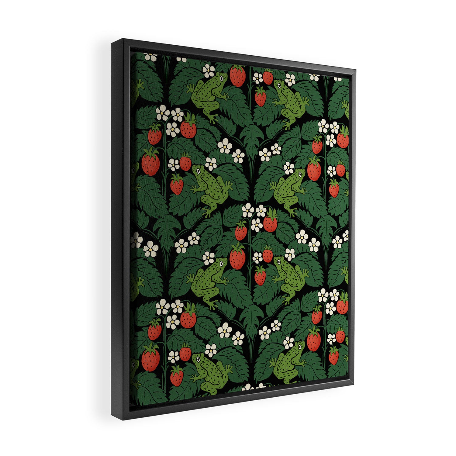 Bullfrogs And Wild Strawberries On Black Framed Canvas Print Gallery Image 2