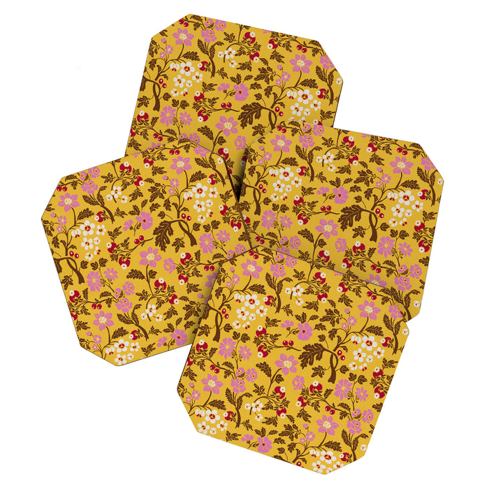 Chinoiserie Hand Drawn Florals On Yellow Coaster Gallery Image 1
